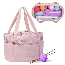 Large Pink Puffer Knitting Bag Tote Yarn Storage Organizer Drawstring Crochet Ba