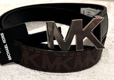 New Michael Kors Men's Silver Tone MK Logo Buckle Brown Black Monogram Belt 32