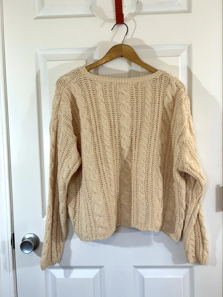Chaus Women's  Cable Knit & Ribbed Wool & Cotton Sweater Pale Yellow Size M VTG - Image 3 of 4