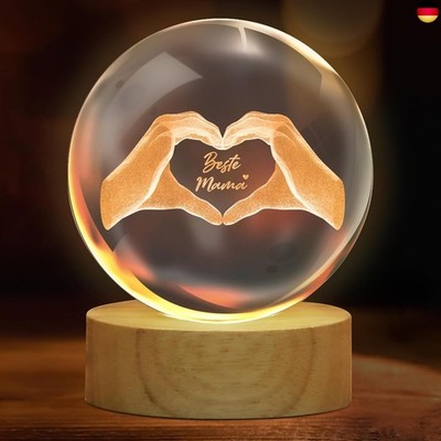 Muttertagsgeschenk für Mama - 3D Glas Kristall mit Holzsockel Gravur Herz aus 