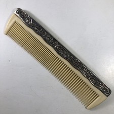Celluloid Comb Silver Plate Edge Floral Design 7.5 Long Vintage