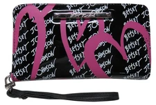 Betsey Johnson Zip Around Wristlet Wallet Black with Pink Hearts