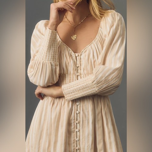 By Anthropologie Women's Long-Sleeve Smocked-Waist Stripe Maxi Dress Buttons S - Picture 2 of 12