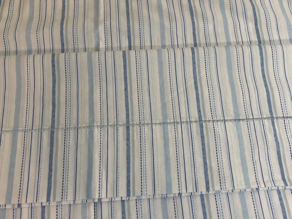 Martha Stewart Twin Flat Sheet 100% Cotton Blue Striped Embroidered Trim - Image 2 of 4