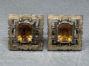 Authentic Vintage Citrine Color Stone Picture Frame Yellow Gold Plated Cuff Links