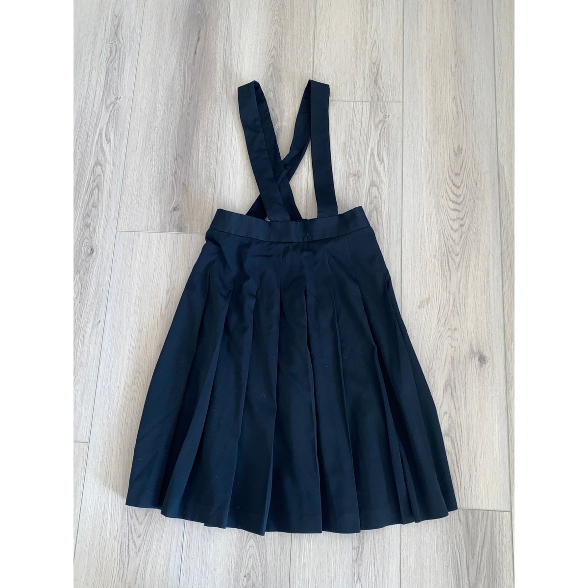 Comme des Garçons Pleated Black Pinafore Midi Skirt Straps Wool