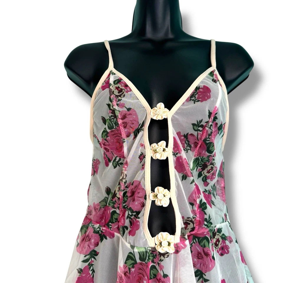 Small Y2k Chemise Slip Cami Dress Laces Bow Babydoll Coquette Feminine Floral - Image 2 of 4