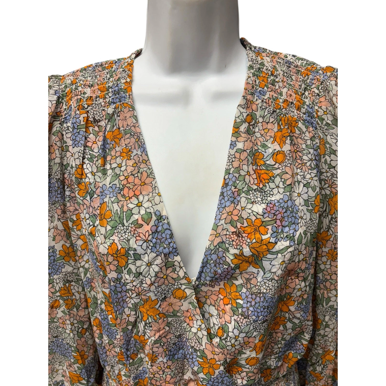 OFF WHITE Abito Veronica Barba Saera Floreale Smocked Manica Lunga Seta in Bianco Off Multi