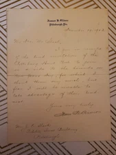 1903 James B Oliver President Oliver & Snyder Coke Company Shields PA Letter