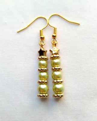 Gold Tone Star Green Bead Stick Earrings Drop Hook Handmade Mod Simple Boho Chic
