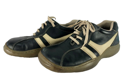 GBX Men's Sneakers Casual Shoes Size 8M Black Leather Lace Up Beige Stripes
