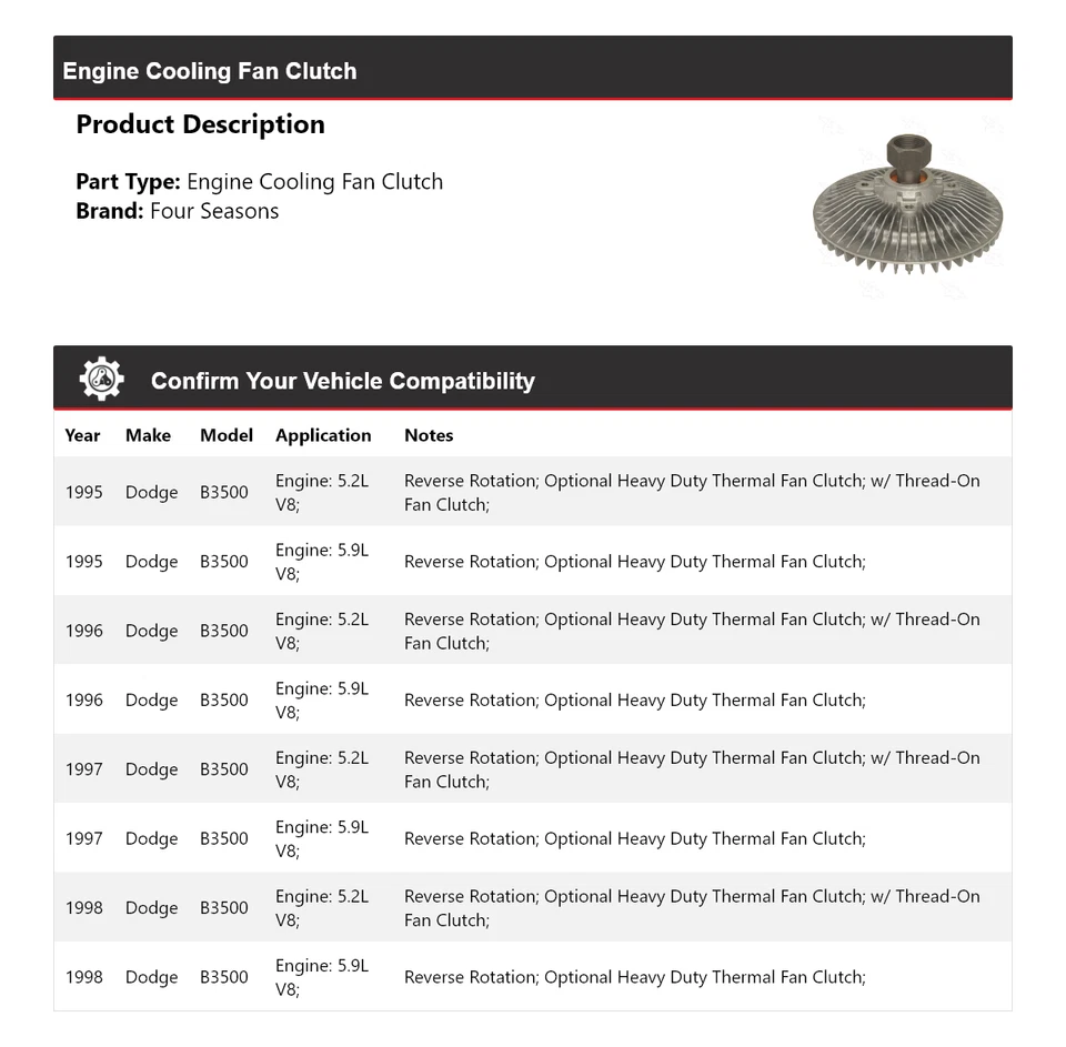 Embrague ventilador refrigeración motor Dodge B3500 1995-1998 4 estaciones 1996 1997 Foto 2 de 4