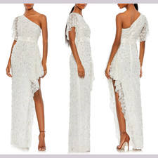 NWT $598 Mac Duggal [ 12 ] 3D Flowers One Shoulder Sequin Slit Gown White G1352