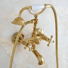 Polished Gold Brass Wall Mount Clawfoot Bathtub Faucet with Hand Shower Sprayer