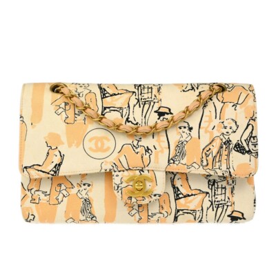 Chanel Peach White Canvas Medium Classic Double Flap Shoulder Bag