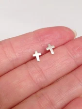 TINY Plain Cross Stud Earrings 925 Sterling Silver Cross Studs Mens Womens 6mm