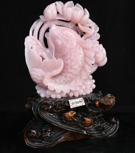 16" Old Chinese Naturally Pink Xiu Jade Craving Fengshui Fish Animal Sculpture - Picture 6 of 15