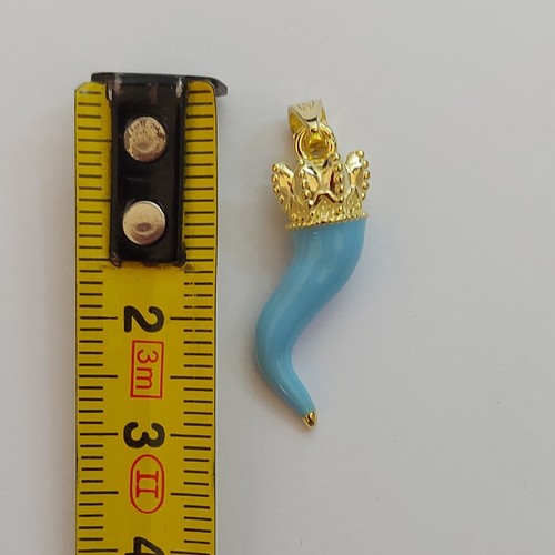 Cornetto portafortuna argento 925 oro giallo smalto azzurro ciondolo donna uomo - Foto 6 di 24