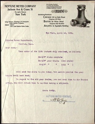 1904 Neptune Meter Company CHICAGO BOSTON ATLANTA Letterhead