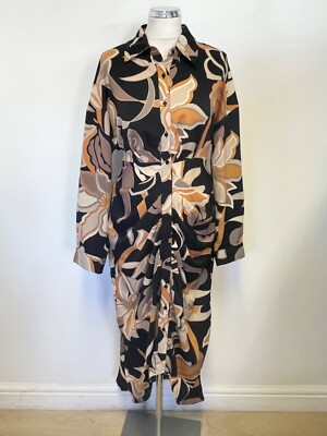 NEU MIT ETIKETT BISOUS PROJECT SCHWARZ DRUCK DRAPIERT GÜRTEL GEFORMTER SAUM MIDI SHIRT KLEID GRÖSSE L