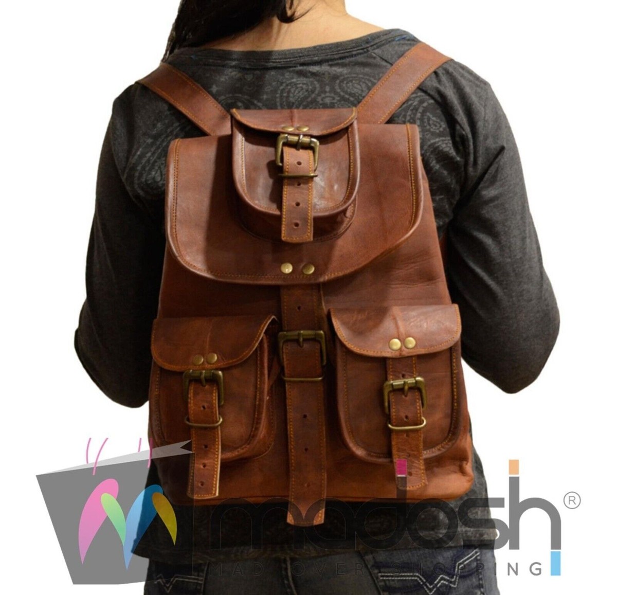 Genuine Leather Hiking Backpack Vintage Sports Gym Daypack Small