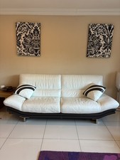 2 Modern White and Brown Leather 4 Seater Sofas with Leather Cushions
