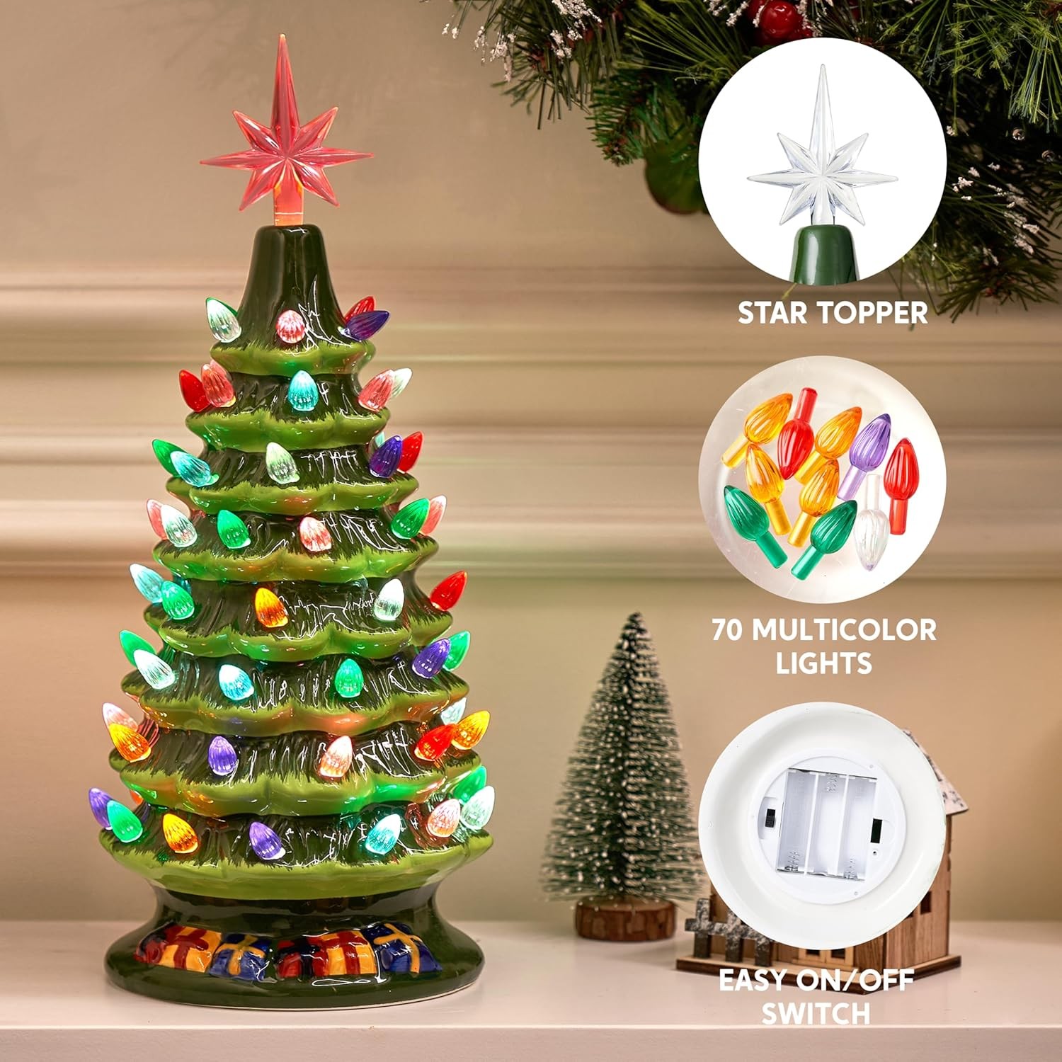 15" Tabletop Prelit Ceramic Christmas Tree with 70 Multicolor Lights, Hand-Paint