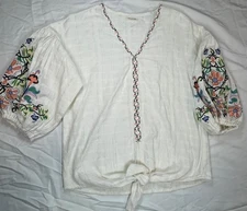 White Boho Embroidered Womens Shirt Top XL Tie front Cotton Max Studio