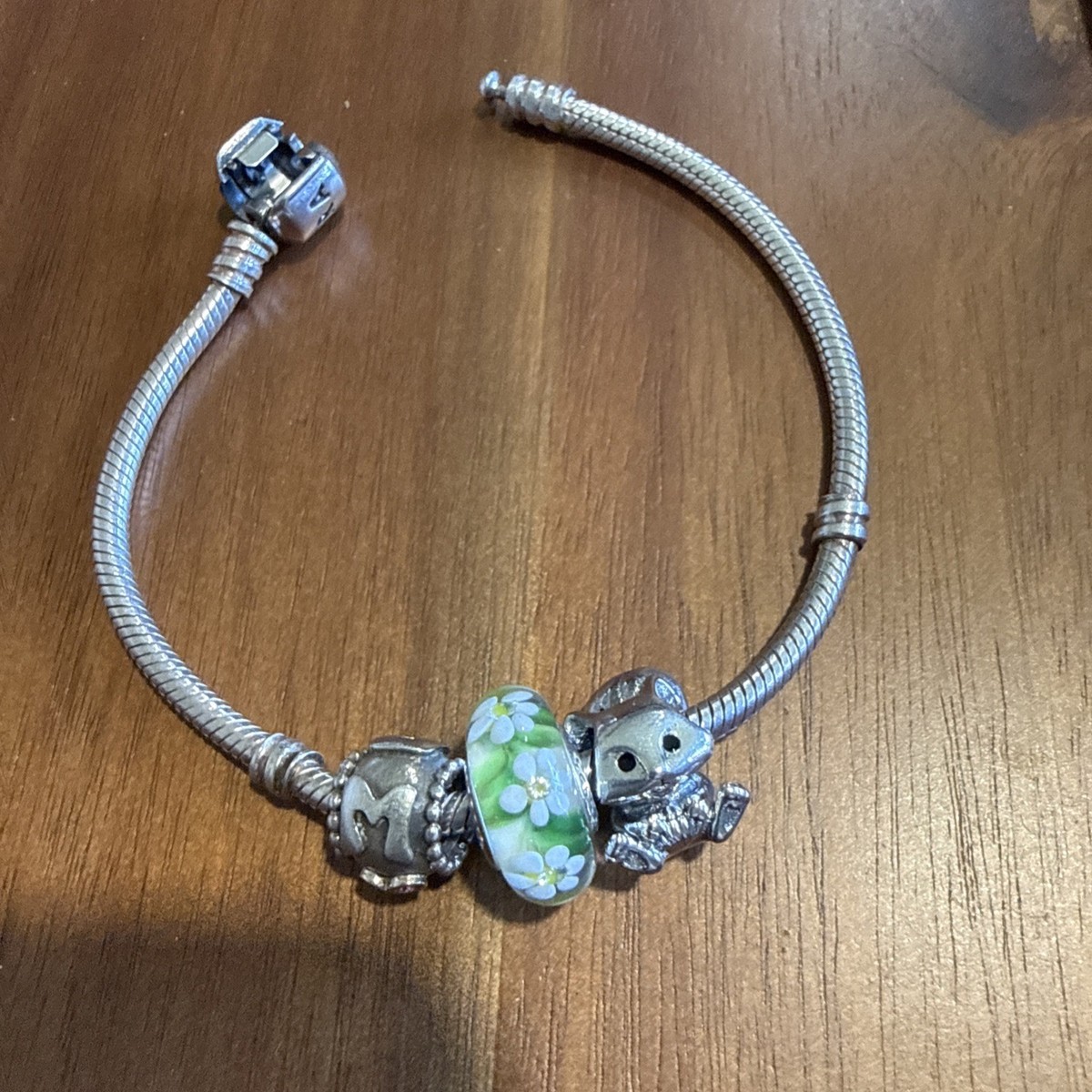 Mothers Day Pandora Bracelet 7” Pink Mom Retired, Green Flower