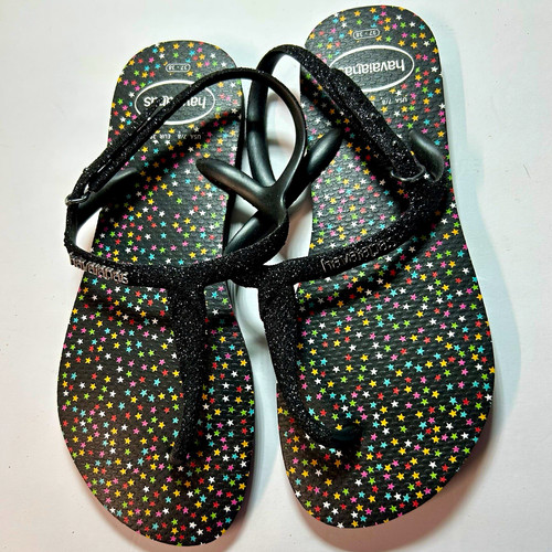 Havaianas Women’s Black Star Print Thong Sandals Glitter multicolor US W 7/8