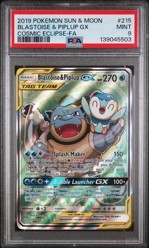 2019 POKEMON SUN & MOON COSMIC ECLIPSE #215 FULL ART/BLASTOISE & PIPLUP GX PSA 9