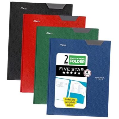  2 Pocket 4 Pack, Plastic with Stay-Put Tabs Black, Red, Green, Blue Folders