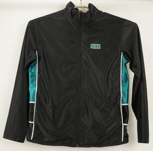 Vintage Nike Boys XL Fits Men Medium Satin Track Jacket Black Turquoise Full Zip