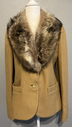 Vtg 60's 70's Fox Fur Collar Tan Wool Evening Blaz