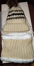 Fleece Lined Knit Hat Neck Warmer Set Soft Beanie Winter Wear Beige
