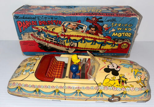Auto giocattolo vintage Marx Walt Disney Parade Roadster attrito latta. Ha una scatola! - Foto 1 di 13