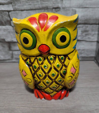 Vintage 6.5" Yellow Owl Coin Piggy Bank Ceramic Chalkware Retro Animal Figurine