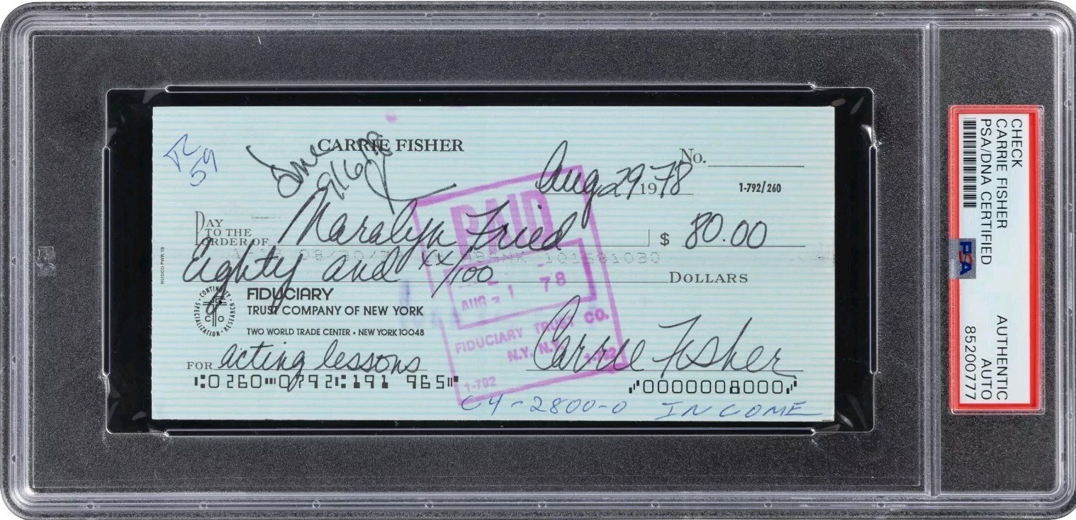 Carrie Fisher Signed Autograph Check  PSA/DNA STAR WARS For Acting Lessons!! 