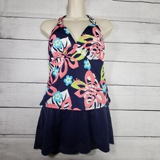 Jantzen Swimsuit Womens Size 12 Top Skirt Blue Floral 2 Piece Halter Tank