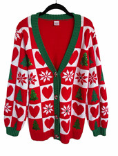 Holiday Time Womens Size 12-14 Ugly Christmas Cardigan. Red Green White Oversize