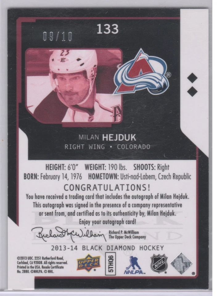 2013-14 MILAN HEJDUK BLACK DIAMOND EMERALD DOUBLE DIAMOND AUTOGRAPH SSP 9/10 - Image 2 of 2