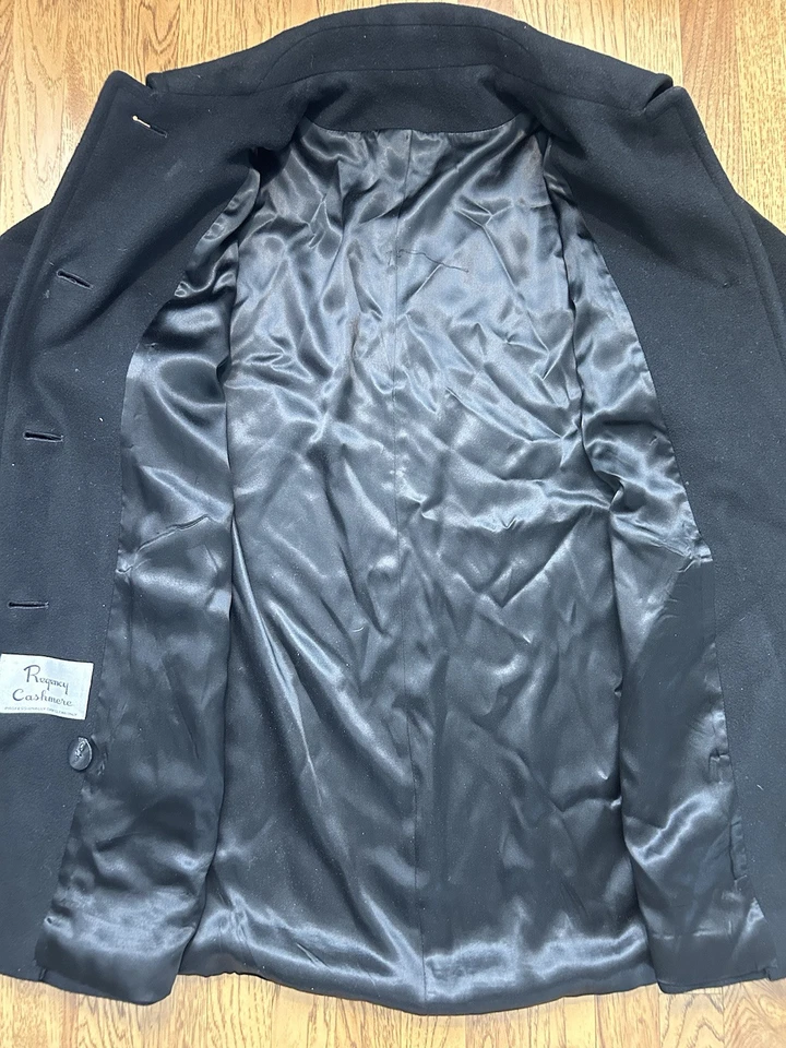 Abrigo Top Vintage Regency Cashmere Para Mujer Talla 12 Negro Botones Trench Pesado Foto 4 de 4