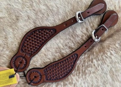 Pair Top Grain Basketweave Tooled Leather Western Spur Straps FREE SHIPPING
