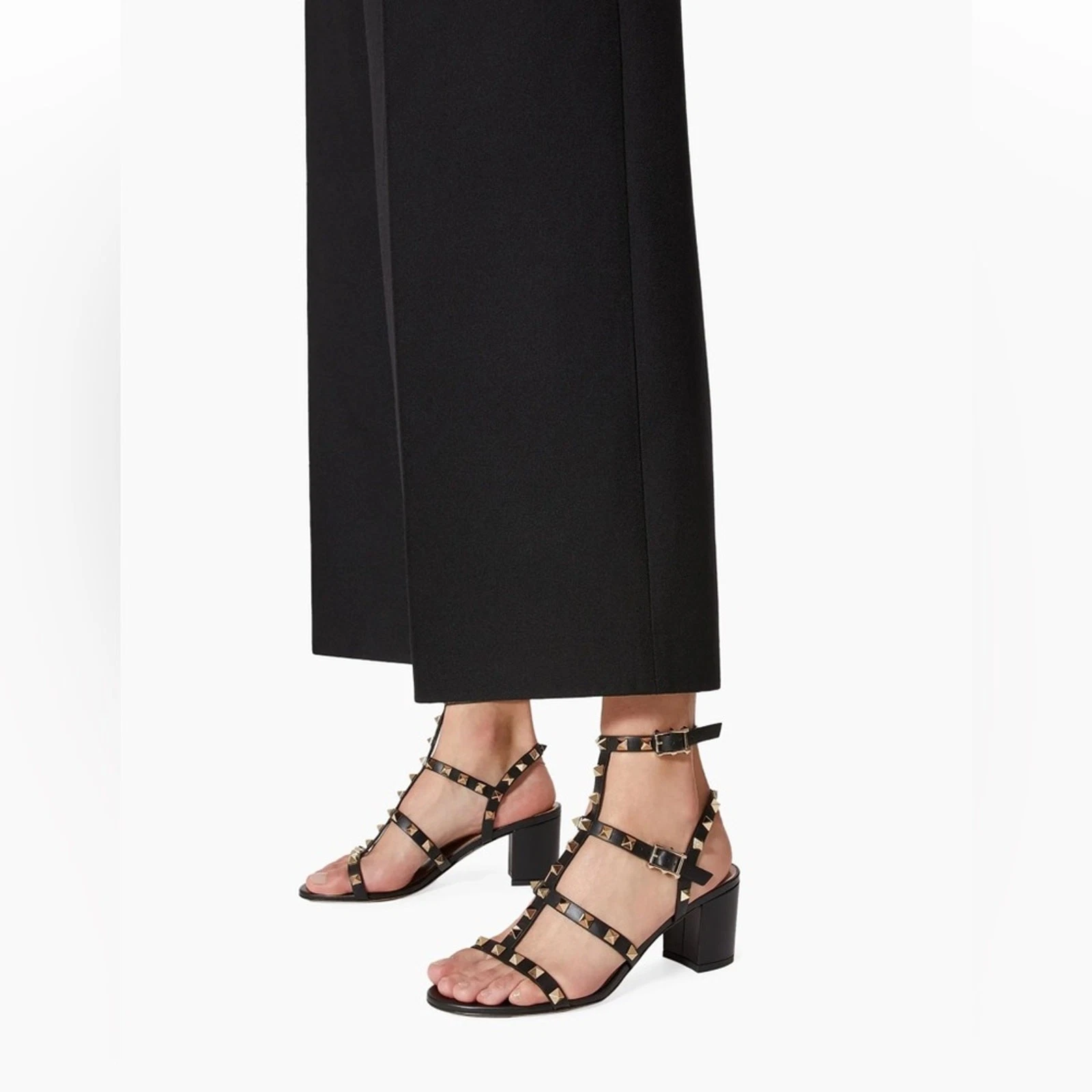 Valentino — Valentino Garavani Rockstud Caged Sandals Black Leather Block Heels EU 38.5