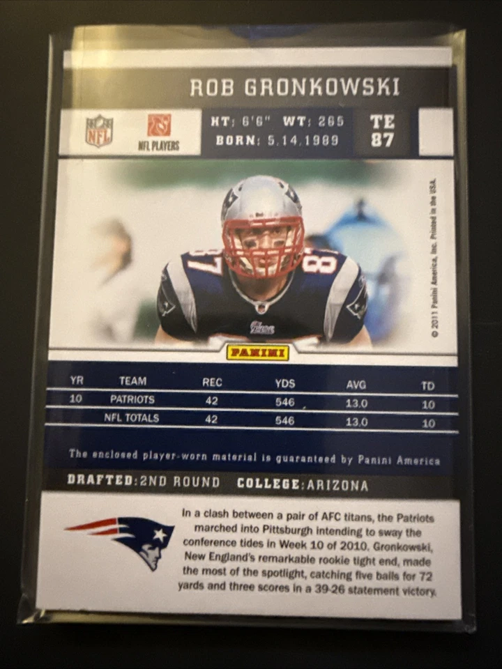2011 Score Rob Gronkowski #175 Prime Patch Jersey Relic New England Patriots - Image 2 of 2