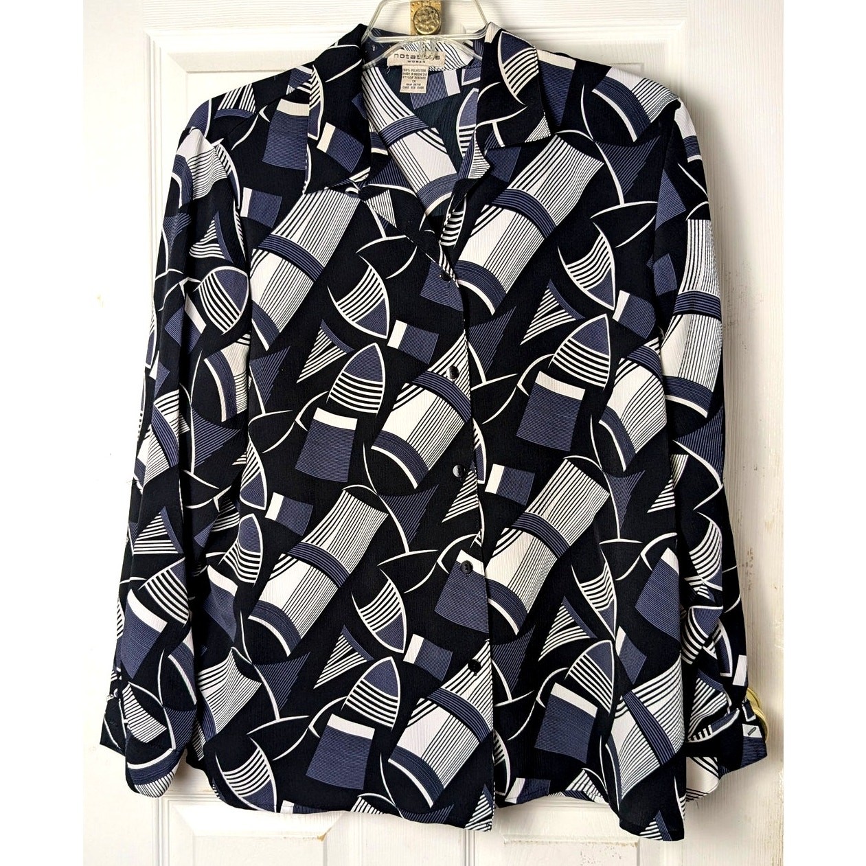 Notations Long Sleeve 1X Top Black White Print Career Blouse Button Up