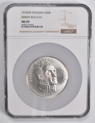 MS69 1972 FM Panama 20 Balboas Simon Bolivar Silver NGC Brown Lbl *0500