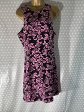 Womens H&M Uk 14 Black Pink Rose Sleeveless Short Length Stretch Bodycon Dress