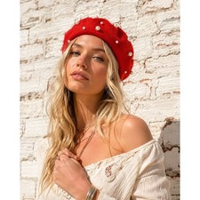 Vintage Red Pearl Embellished Wool Blend Beret French Parisian Hat One Size
