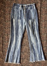 70s Vintage Denim High Rise Jeans Streaked Wash Flare Leg Frayed Hem
